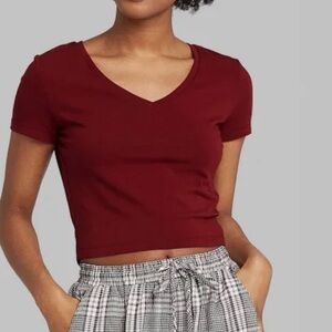 Women's Cropped V-Neck T-Shirt Maroon XS & M ~ Wild Fable ✨NEW & Super Cute✨